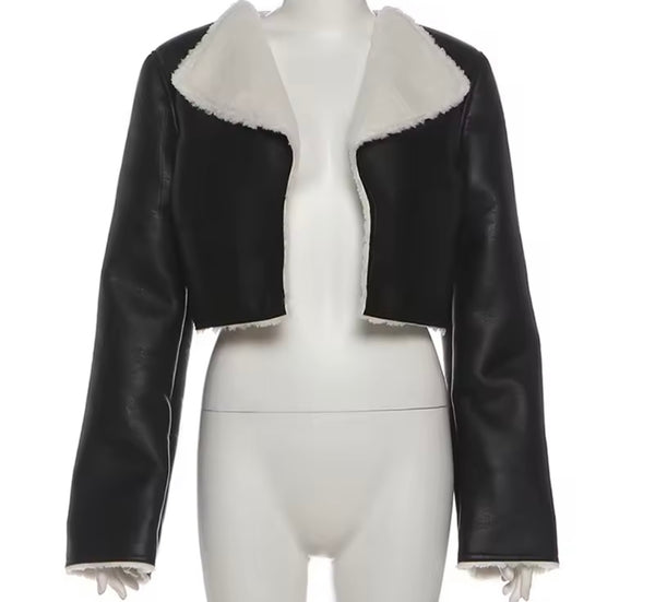 Women Fashion Faux Leather Jacket Two Piece Pleated Skirt Set