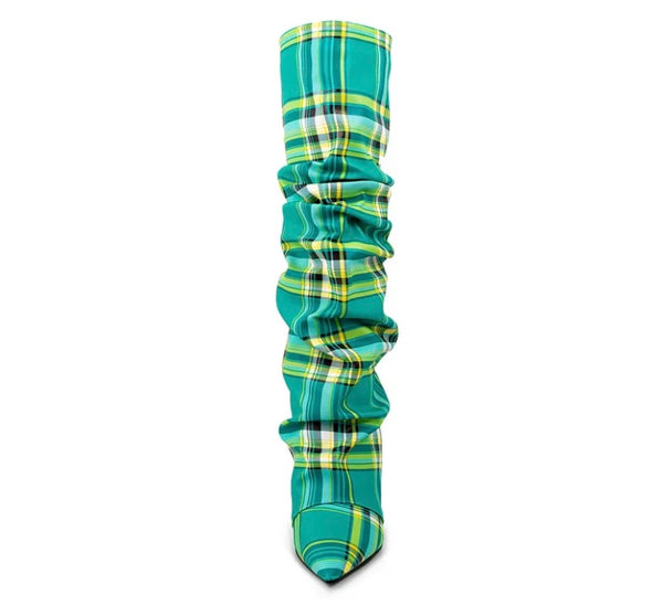 Women Fashion Color Plaid Wedge Platform Ruched Knee High Boots