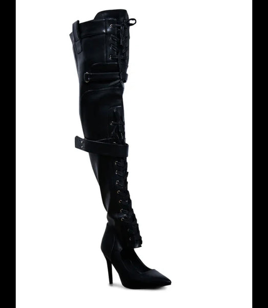 Women Fashion Black Buckled Lace Up Faux Leather Knee High Boots