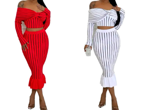 Women Sexy Striped Off The Shoulder Full Sleeve Two Piece Skirt Set