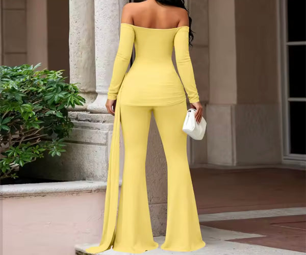 Women Off The Shoulder Full Sleeve Tassel Two Piece Pant Set