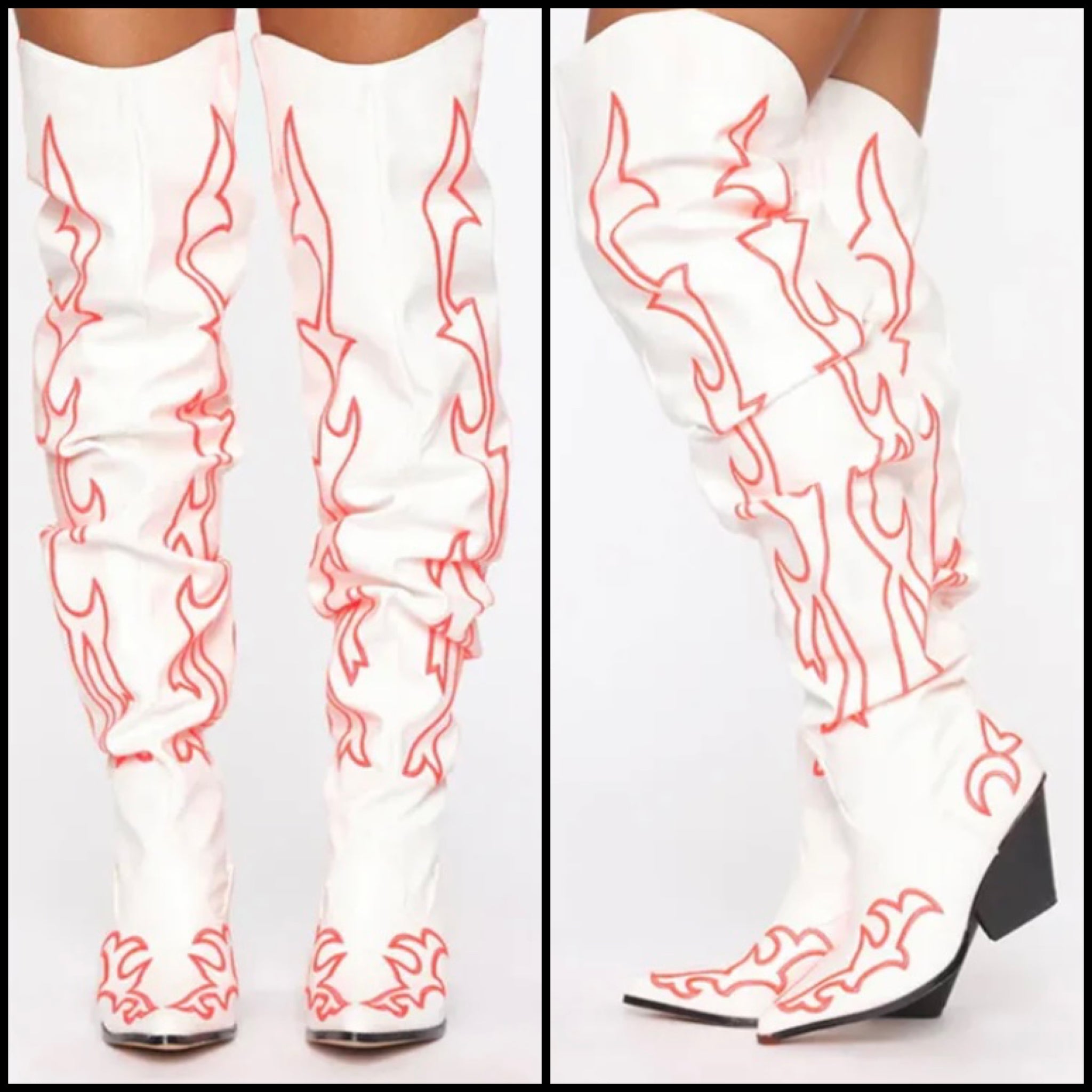 Women Fashion White Printed Knee High Western Boots