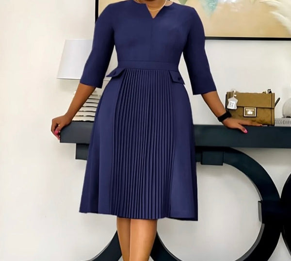 Women Solid Color Full Sleeve Pleated Dress