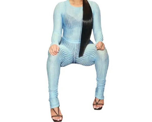 Women Sexy See Through Solid Color Full Sleeve Two Piece Pant Set