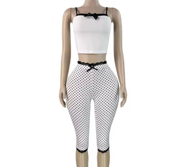 Women Sleeveless B&W Polka Dot Crop Tank Two Piece Capri Pant Set