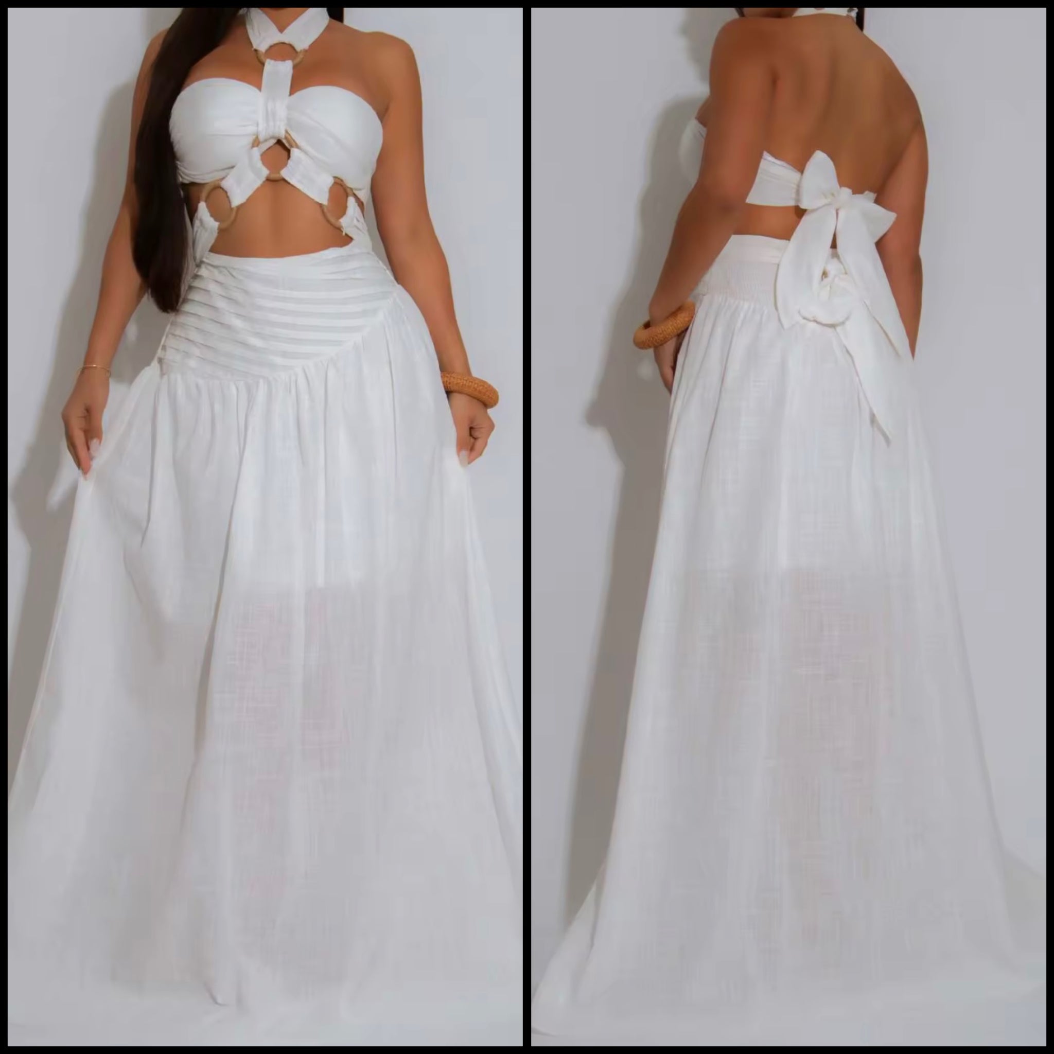 Women White Halter Sleeveless Sexy Two Piece Maxi Skirt Set