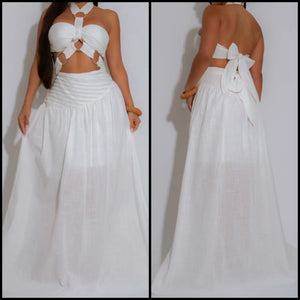Women White Halter Sleeveless Sexy Two Piece Maxi Skirt Set
