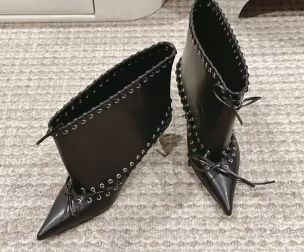 Women Fashion Metal Grommets Pointed Toe Kitten Heel Ankle Boots