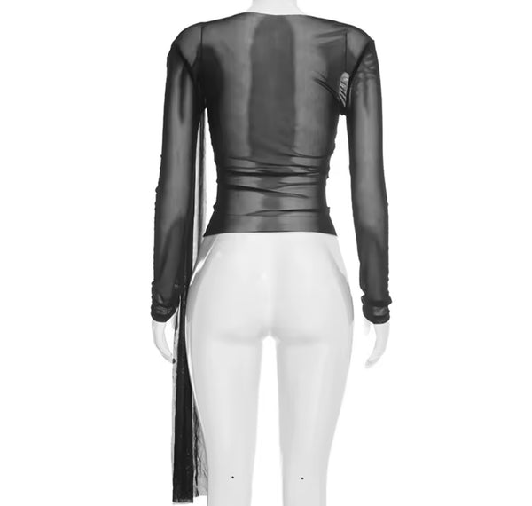 Women Fashion Draped Mesh Full Sleeve Top