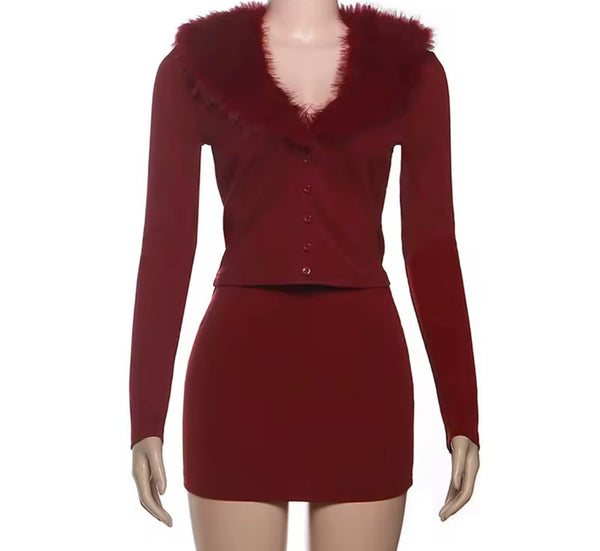 Women Fur Patchwork Button Up Full Sleeve Two Piece Skirt Set