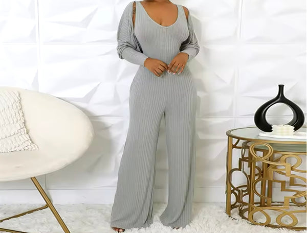 Women Gray Fashion Wide Leg Two Piece Jumpsuit Set