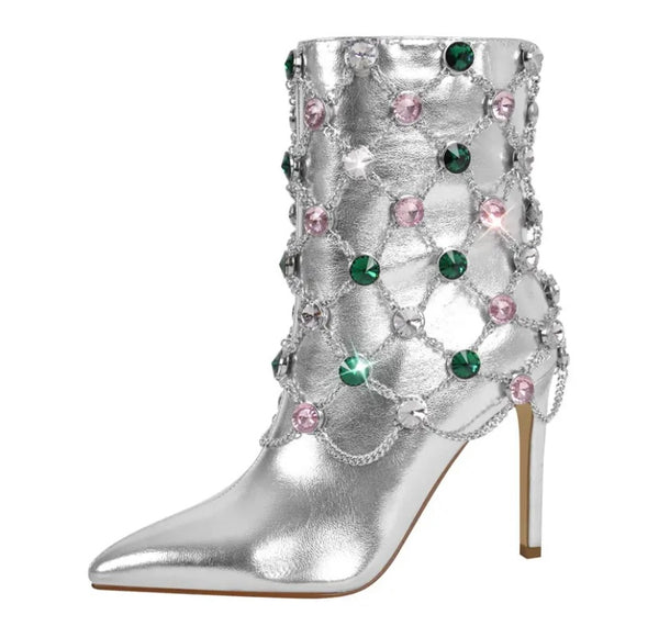 Women Silver Color Gem Fashion Ankle Boots