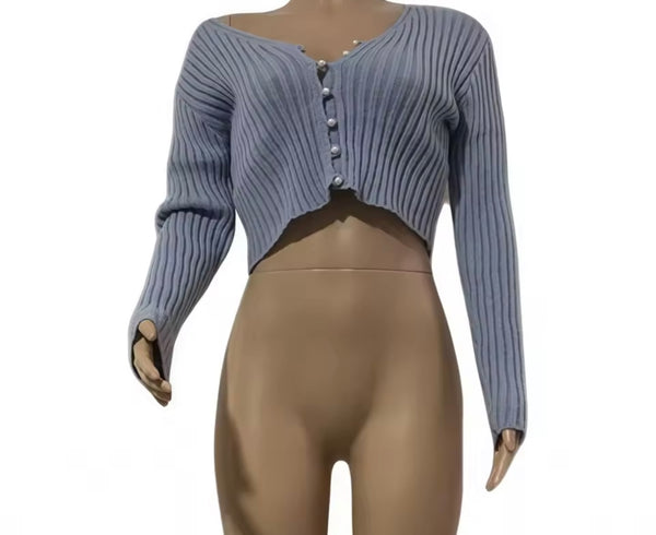 Women Pearl Button Up Ribbed Full Sleeve Fashion Crop Top