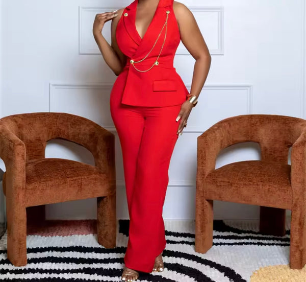 Women Sleeveless Chain Solid Color Fashion Jumpsuit