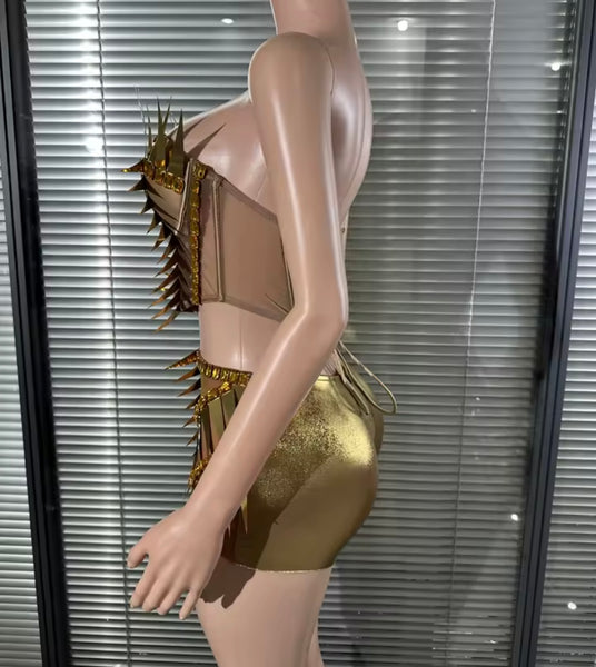 Women Sexy Strapless Chrome Spiked Embellish Two Piece Short Set