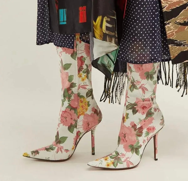 Women Fashion Knee High Floral High Heel Boots