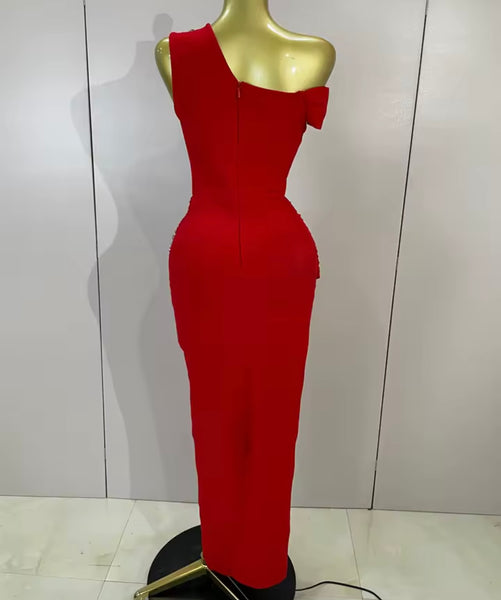 Women Elegant Rhinestone One Shoulder Sleeveless Maxi Dress