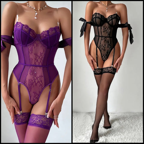 Women Sexy Lace Open Back Bodysuit Lingerie Set