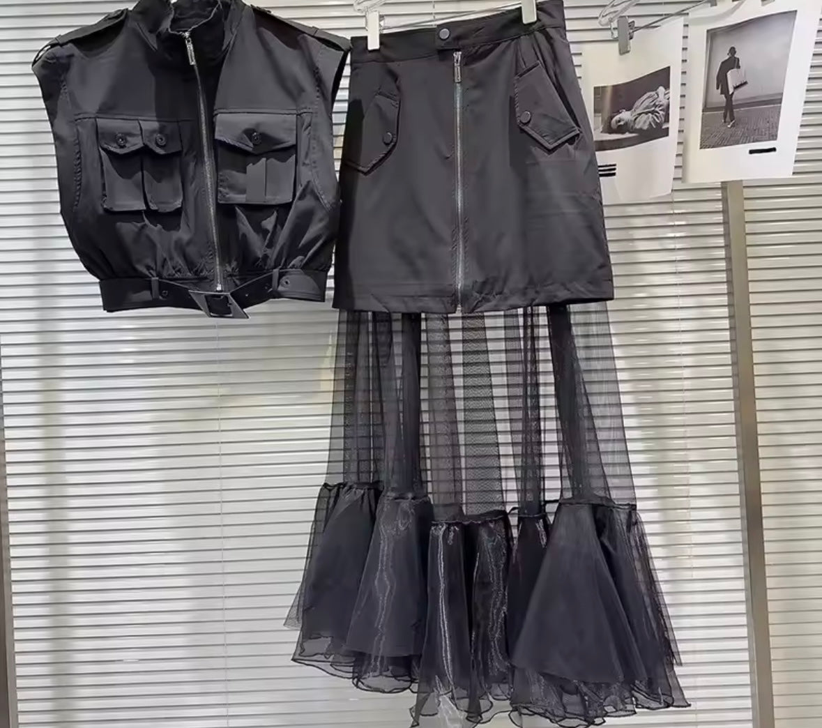 Women Zip Up Sleeveless Vest Two Piece Ruffled Mesh Skirt Set