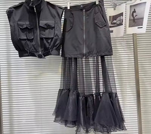 Women Zip Up Sleeveless Vest Two Piece Ruffled Mesh Skirt Set