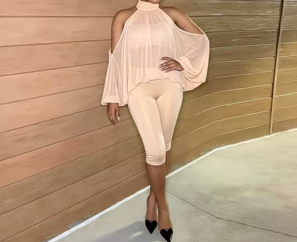 Women Open Shoulder Mesh Full Sleeve Three Piece Capri Pant Set