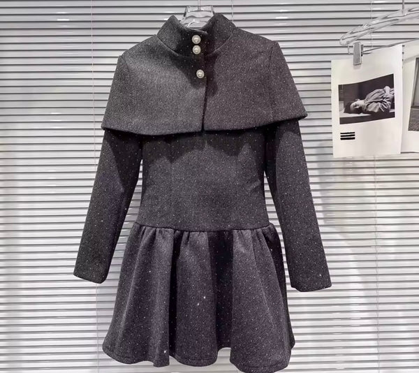 Women Gray Rhinestone Fashion Two Piece Shawl Dress Set