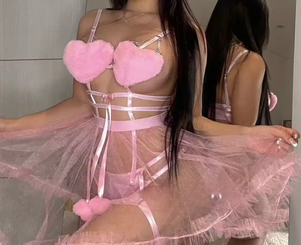 Women Sexy Pink Heart Mesh Lingerie Set