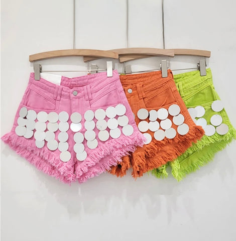 Women Fashion Mirror Patchwork Denim Fringe Shorts