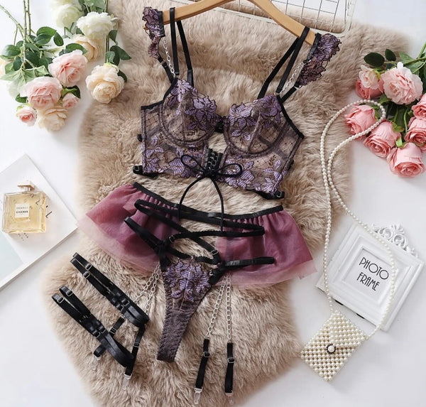 Women Sexy Floral Mesh Lace Up Chain Lingerie Set