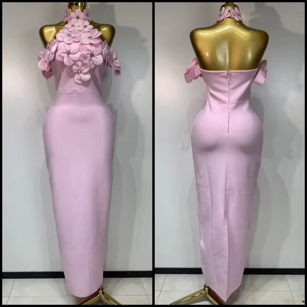 Women Pink Bling Floral Halter Sleeveless Sexy Maxi Dress