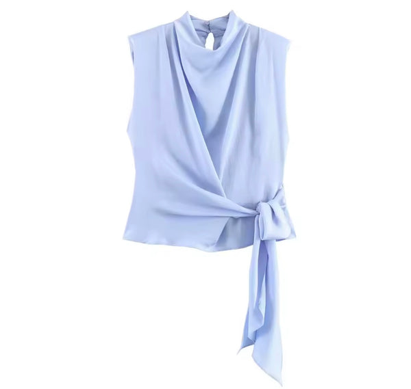 Women Sleeveless Satin Ruched Tie Up Top