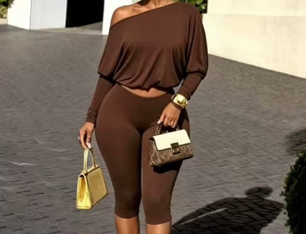 Women Off The Shoulder Full Sleeve Two Piece Capri Pant Set