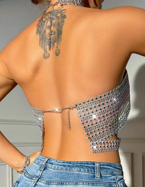 Women Fashion Halter Sleeveless Bling Open Back Crop Top