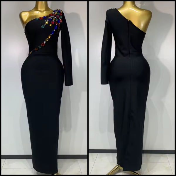 Women Black Color Crystal One Shoulder Full Sleeve Maxi Dress