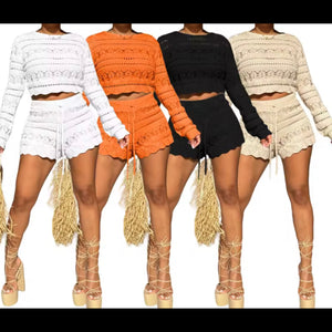 Women Color Fashion Full Sleeve Knitted Two Piece Short Set