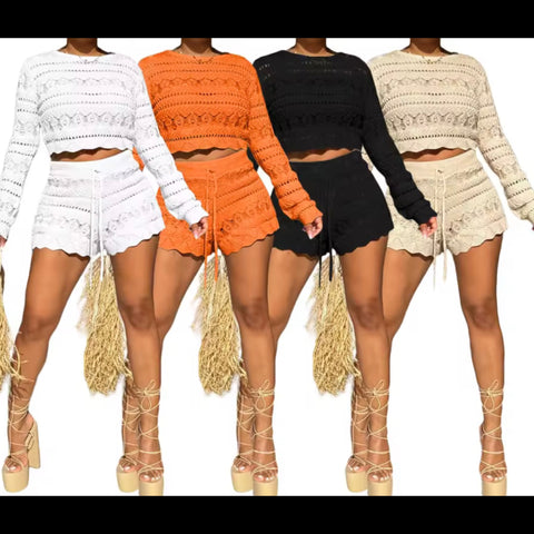 Women Color Fashion Full Sleeve Knitted Two Piece Short Set