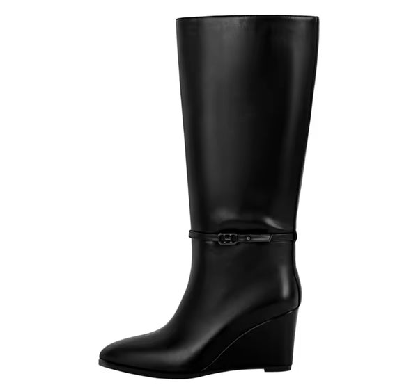 Women Fashion Color Faux Leather Buckle Wedge Knee High Boots