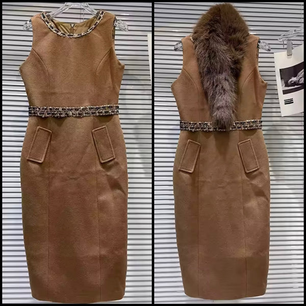 Women Sleeveless Bling Fur Collar Fashion Dress