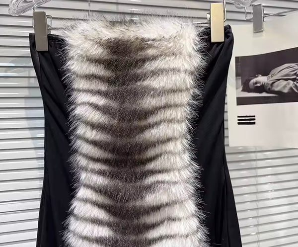Women Sexy Strapless Faux Fur Patchwork Dress
