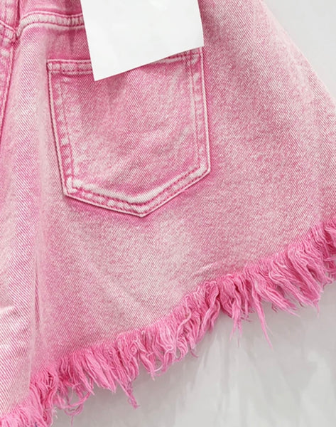 Women Pink Fashion Fringe Denim Shorts