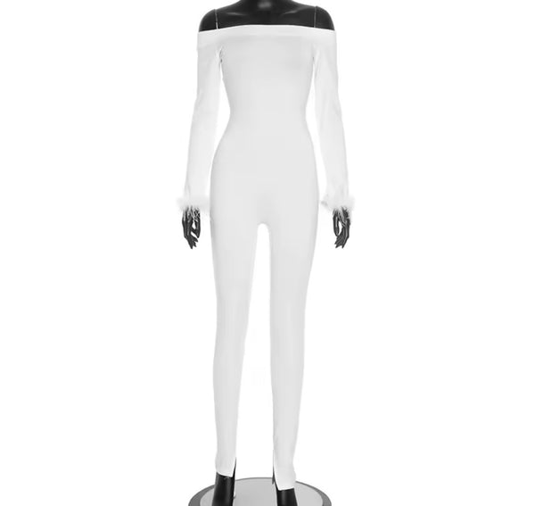 Women Off The Shoulder Feather Full Sleeve Fashion Jumpsuit