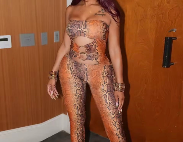Women Strapless Color Animal Print Cut Out Fashion Jumpsuit