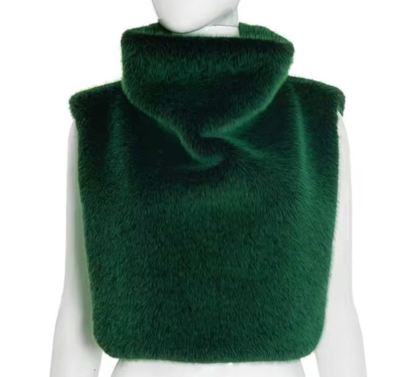 Women Turtleneck Sleeveless Green Fashion Faux Fur Top