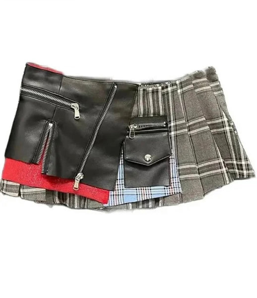 Women Sexy Fashion Faux Leather Plaid Pleated Short Skirt