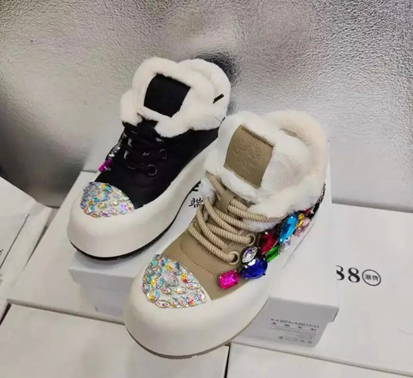 Women Fashion Platform Colorful Gem Faux Fur Patchwork Sneakers