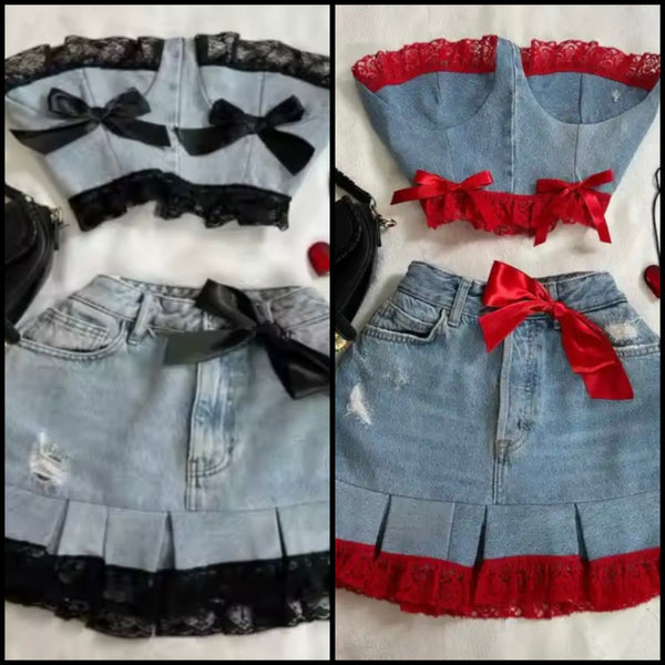 Women Sexy Strapless Denim Red Lace Patchwork Two Piece Skirt Set