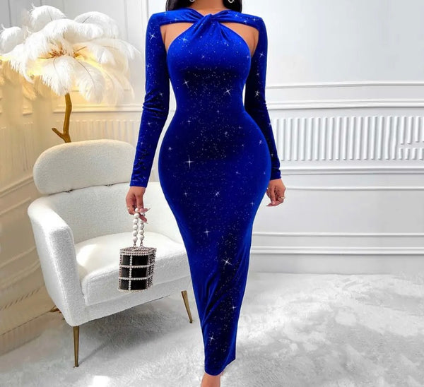 Women Sexy Blue Bling Cut Out Full Sleeve Velour Maxi Dress