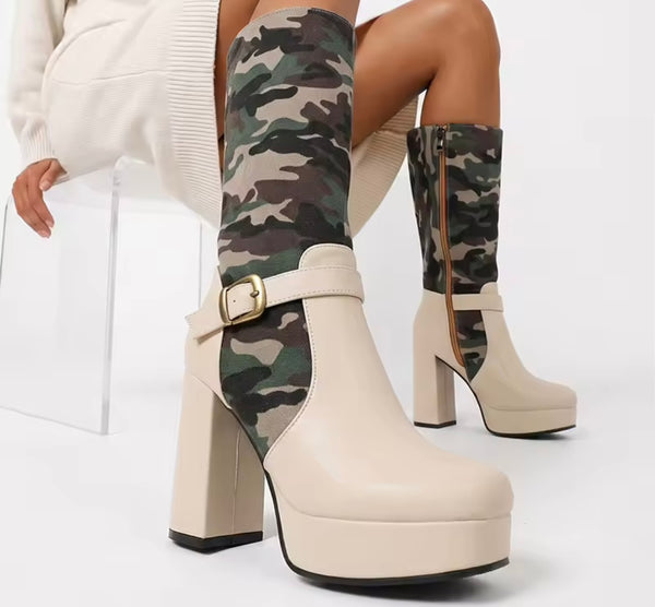 Women Color Camouflage Buckle Knee High Boots