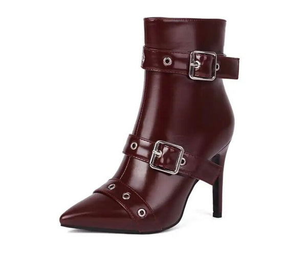 Women Fashion Pointed Toe Buckled Faux Leather Ankle Boots