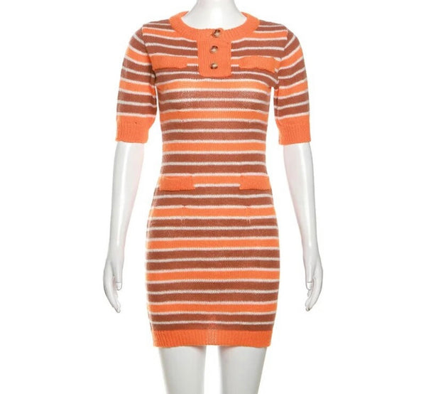 Women Sexy Short Sleeve Striped Button Up Dress